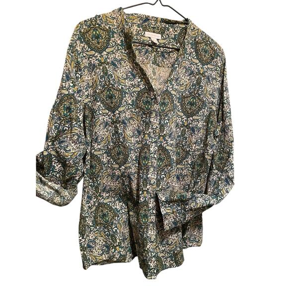 Woman's Blouse Size 16 Charter Club Green Tones Paisley V-Neck Mandarin Collar - Picture 11 of 13